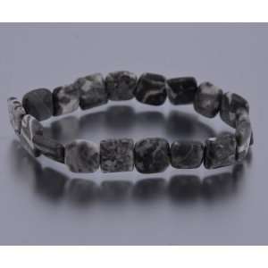   Collection   12mm Black White Jasper Square Stone Bead Bracelet
