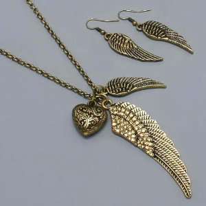 Bling Bling Womens Necklace & Earrings Set, Angel Wings with Stones 