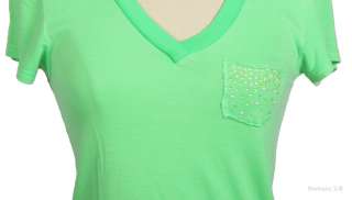 Short Sleeve V Neck T Shirt Top with Chest Pocket MEDIUM NEON GREEN 