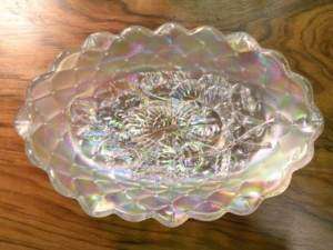 Imperial White Carnival Glass Pansy Pickle Relish Dish  