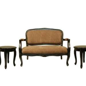   Black Frame Settee with Tan Pinstripe Pattern Fabric