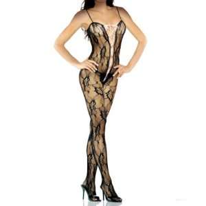  FLORAL LACE BODYSTOCKING WITH DEEP V FRONT SATIN   BLACK 