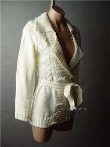 IVORY Toggle Double Breasted Cable Knit Tie Waist Jacket Coat Cardigan 