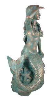 23 Inch Tall Mermaid On Rock Statue Verdigris Finish  