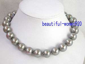 BEST 14mm round Tahitian gray seashell pearl necklace  