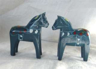   Hand Carved Painted Sweden 2 Swedish Dala Horses Pair Blue 3 Small