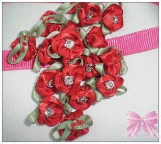 50p satin ribbon rose bud flower Appliques,bows,crystal  
