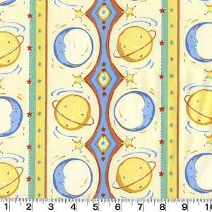  45 Wide Astro Moon And Planets Stripe Pale Yellow Fabric 