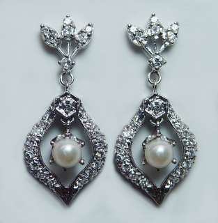 Antique Pearl 1ct Diamond Dangling Earrings 14K White Gold Estate 