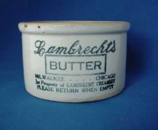   White Stoneware Butter Crock; Lambrecht, Milwaukee and Chicago  