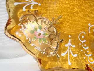 Bohemian Amber Glass Enamelled Pin Dish  