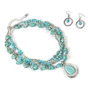  Beautiful Triple Stranded Turquoise Stone and Silver Beaded Necklace 