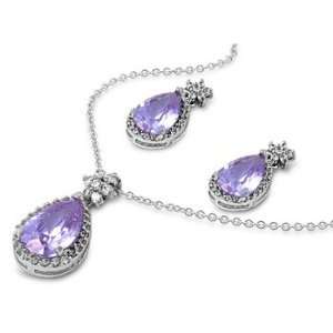 Sterling Silver & Lavender CZ Flower Bail Tear Drop Earring & Necklace 