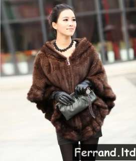   Knit/Knitted Mink Fur Cape/Cloak/Poncho with Capuche 2 Colors  