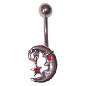  Moon with Red Gem Star Dangle Belly Ring 