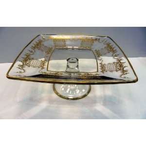  New Italian Crystal Square Cake Plate W/gold Artwork 