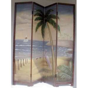   Four Panel Painted Beach scene Screen / Room Divider