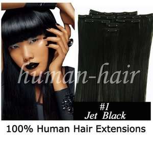 Remy Human Hair Clip In Extensions #1 Jet Black 20 in  