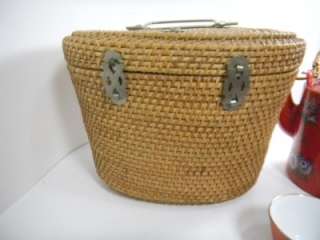 Vintage Chinese Tea Set in a Wicker Carrying Case  