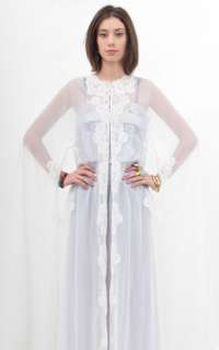 Vtg White Sheer CHIFFON Lace Crochet Romantic Long Maxi Robe Cape GOWN 