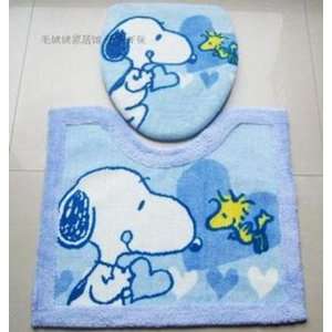  3pc Snoopy Bathroom Toilet Lid Blue Cover Mat Rug Set 