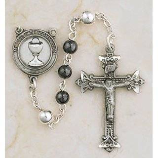 Boys Hematite Pewter First Communion Catholic 4MM Rosary Beads 