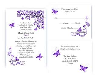 100 Personalized Custom Purple Butterfly Bridal Wedding Invitations 