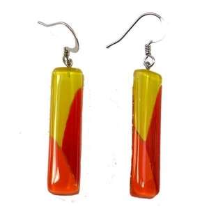 Rectangular Fused Glass Earrings   Red, Orange and Yellow (Chile 