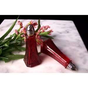  Red Glass Floral Salt & Pepper Shakers 