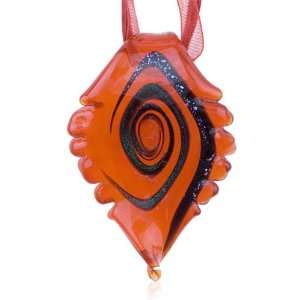   Murano Glass Black Swirl Orange Serrate Leaf Dichroic Pendant Necklace