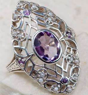 Natural Amethyst Seed Pearl 925 Sterling Silver Victorian Style Ring 