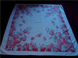 Vintage 1950s Red Apple Blossom Cotton Tablecloth 48 X 50  