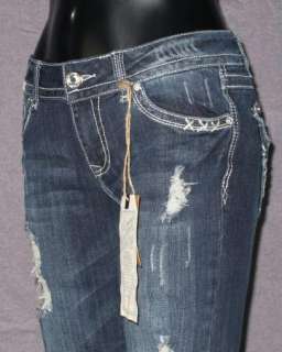 NWT Womens LA IDOL Jeans DESTROYED FRAYED POCKETS w/ CRYSTALS & STUDS 