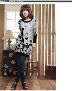 Womens Scoop Neck Long Tunic Sweater with Cute Print US Sz S M L XL 