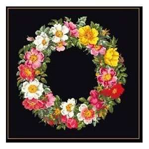   Floral Wreath Cross Stitch Kit   Black Aida Arts, Crafts & Sewing