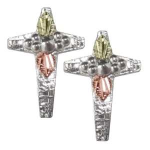 Black Hills Gold & Sterling Silver Cross Earrings Hand Engraved Gold 
