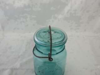   Aqua Blue Glass Ball Ideal Mason Jar Pat July 14 1908 No 1 Wire Latch