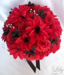 17 pcs Wedding Bridal Bouquet Flower Package BLACK RED  