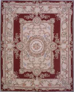 8x10 BURGUNDY NEEDLEPOINT AUBUSSON HAND KNOTTED WOOL AREA RUG CARPET 