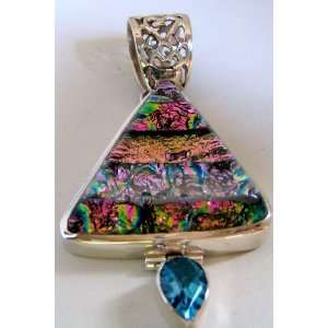  Passion Pink Dichroic Glass and Blue Topaz Pendant 