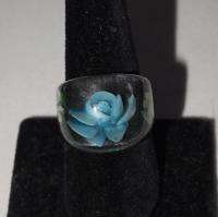 Vintage Lucite Reversed Carved Blue Flower Ring 6258  