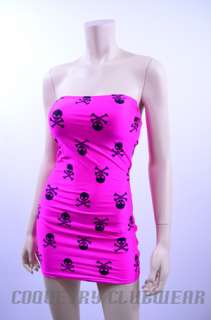 Neon Pink UV GLOW Skull Print 24 Sexy Clubwear Lycra Mini Dress OR 