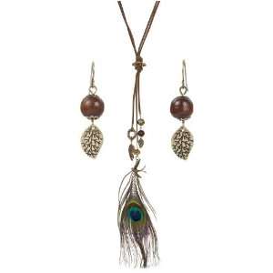 Fashionable Long Brown Peacock Feather Charm Necklace and Earring Set 