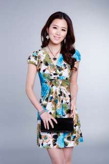 New Style Korea Flower Printing V collar Dress Elegant Womens Skirt 