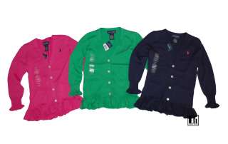 Ralph Lauren Girls Pima Cotton V Neck Ruffle Cardigan Sweater  