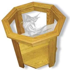Oak Glass Top End Table With Marlin Fishing Etched Glass   Marlin 