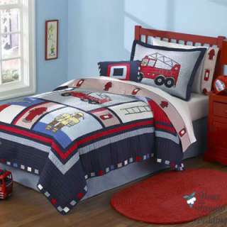 Boy Fire Truck Twin Quilt Kid Bed In A Bag Bedding Set  