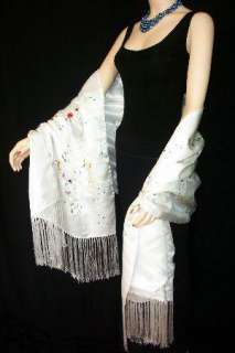 Huge Embroidered Silk Satin Wrap Opera Shawl Scarf White Multi Floral 
