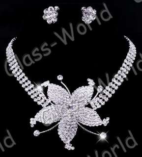 Wedding Queen→Flower Rhinestone Crystal Necklace Earrings Clear Set