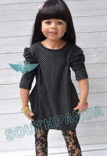 KC014 Black Puff Sleeve Polka Dots Girl Kids T shirts Top Dress Age 3 